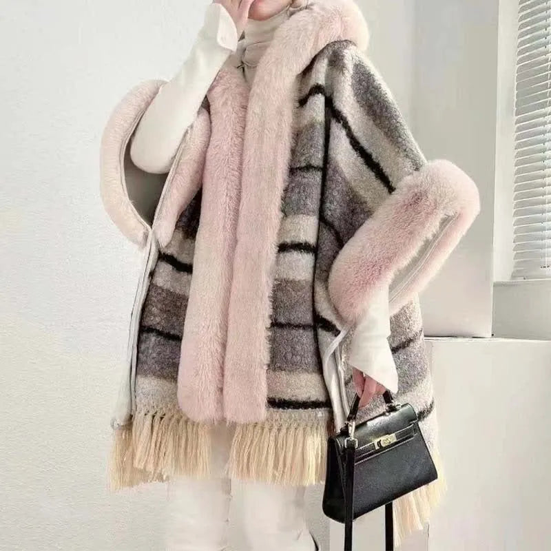 Plaid Print Furry Fringed Casual Hooded Cloak Coat