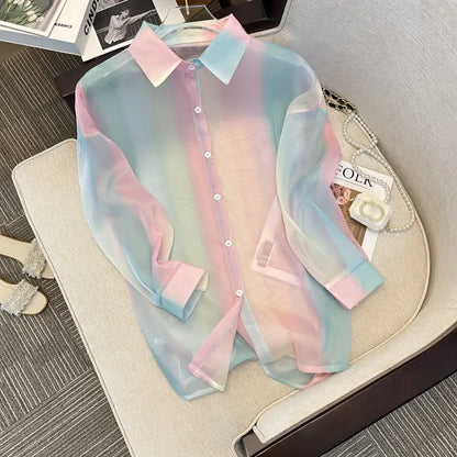 Vintage Rainbow Print Casual Collar Shirt