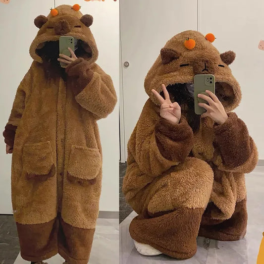 Kawaii Cartoon Capybara Plush Hooded Pajamas Set