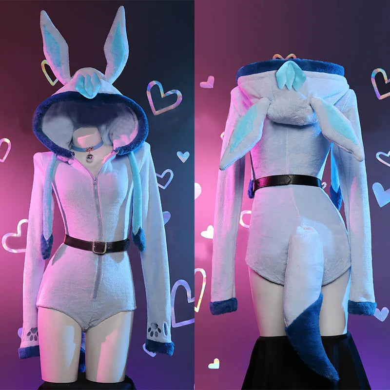 Cosplay Cartoon Bunny Long Ears Zipper Plush Jumpsuit Lingerie