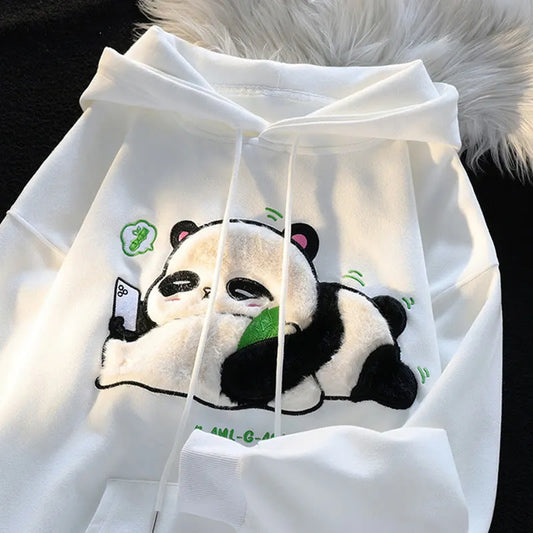 Cartoon Panda Flocking Print Sweatshirt Hoodie