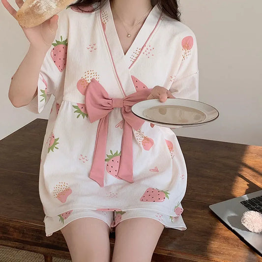 Strawberry Print Bowknot T-Shirt Shorts Pajamas Set