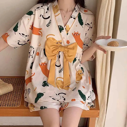 Kitty Print Bowknot T-Shirt Shorts Pajamas Set