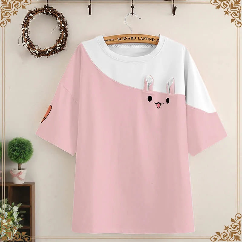 Kawaii Cartoon Bunny Carrot Print T-Shirt