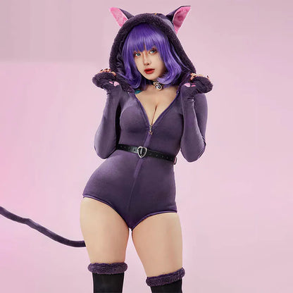 Cosplay Sexy Cat Zipper Belt Plush Slim Jumpsuit Lingerie