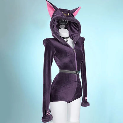 Cosplay Sexy Cat Zipper Belt Plush Slim Jumpsuit Lingerie