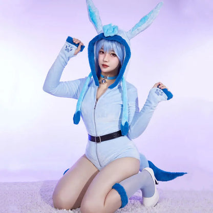 Cosplay Cartoon Bunny Long Ears Zipper Plush Jumpsuit Lingerie