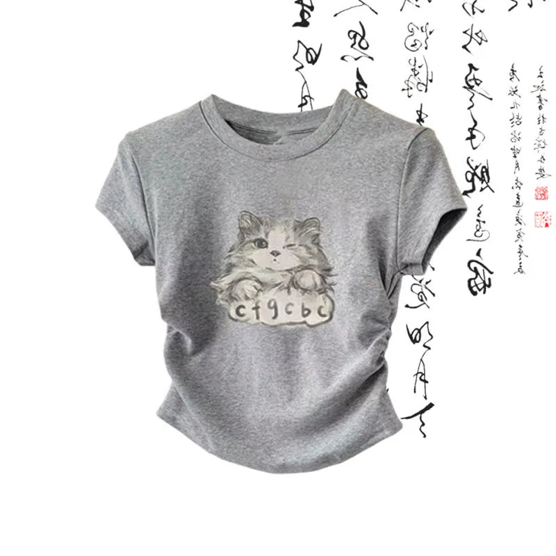 Kitty Cat Print T-Shirt Wash Painting Print Loose Pants Two Piece