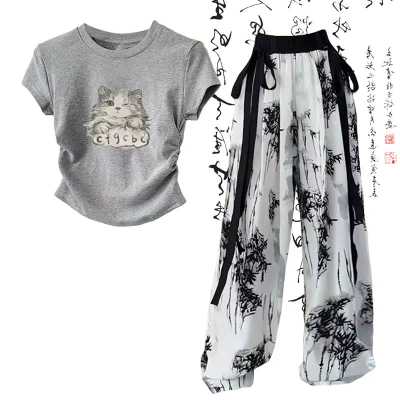 Kitty Cat Print T-Shirt Wash Painting Print Loose Pants Two Piece