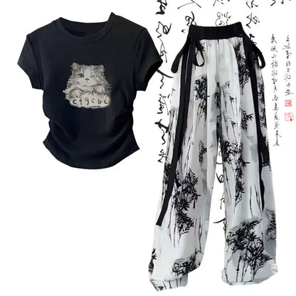 Kitty Cat Print T-Shirt Wash Painting Print Loose Pants Two Piece