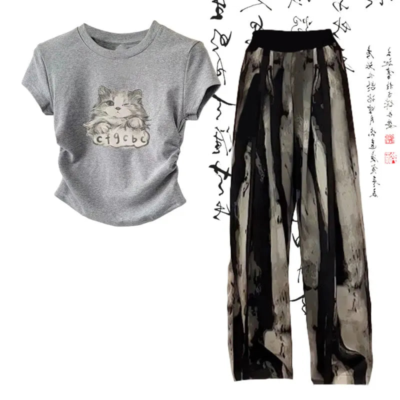 Kitty Cat Print T-Shirt Wash Painting Print Loose Pants Two Piece