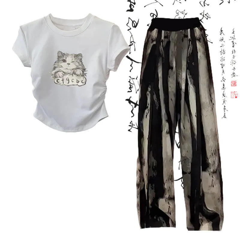 Kitty Cat Print T-Shirt Wash Painting Print Loose Pants Two Piece