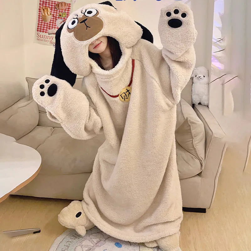 Puppy Embroidery Plush Hooded Jumpsuit Pajamas Dress