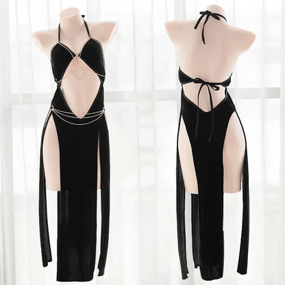 Sexy Deep V-Neck Hollow Out Backless Split Lingerie Dress