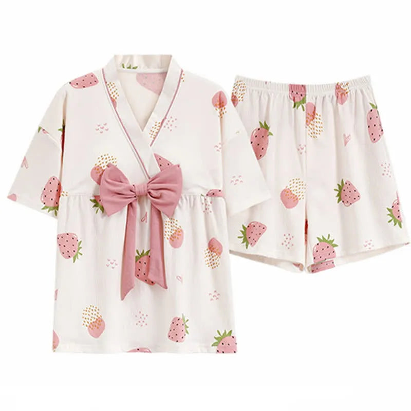 Strawberry Print Bowknot T-Shirt Shorts Pajamas Set