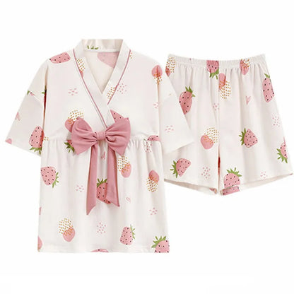 Strawberry Print Bowknot T-Shirt Shorts Pajamas Set