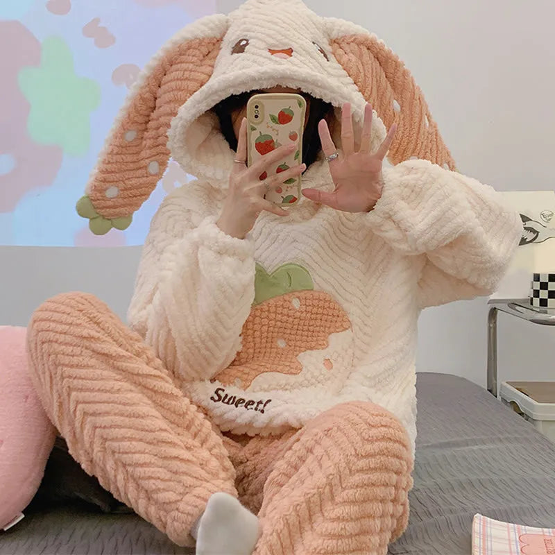 Bunny Ear Strawberry Letter Hooded Pajamas Two Piece Set