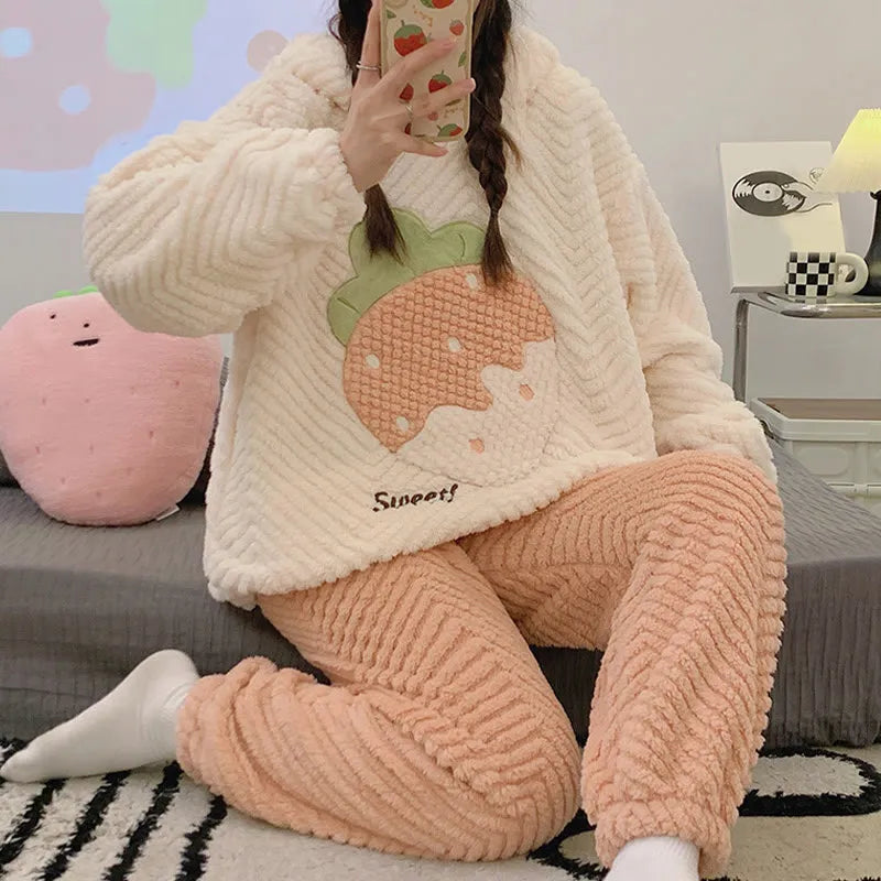 Bunny Ear Strawberry Letter Hooded Pajamas Two Piece Set