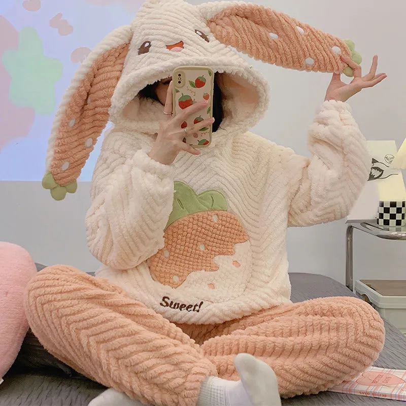 Bunny Ear Strawberry Letter Hooded Pajamas Two Piece Set