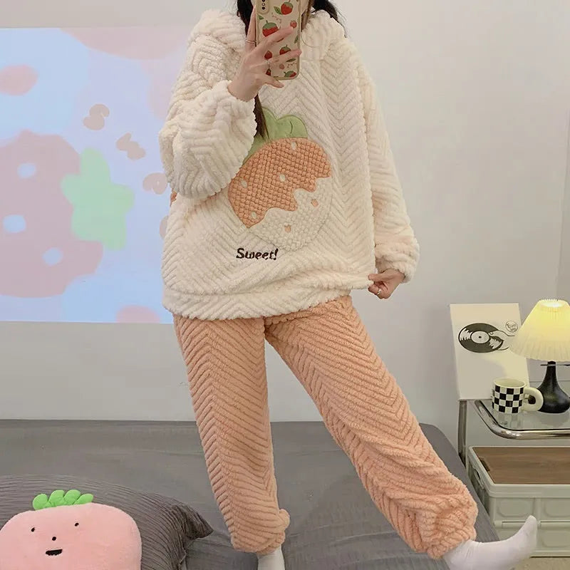 Bunny Ear Strawberry Letter Hooded Pajamas Two Piece Set