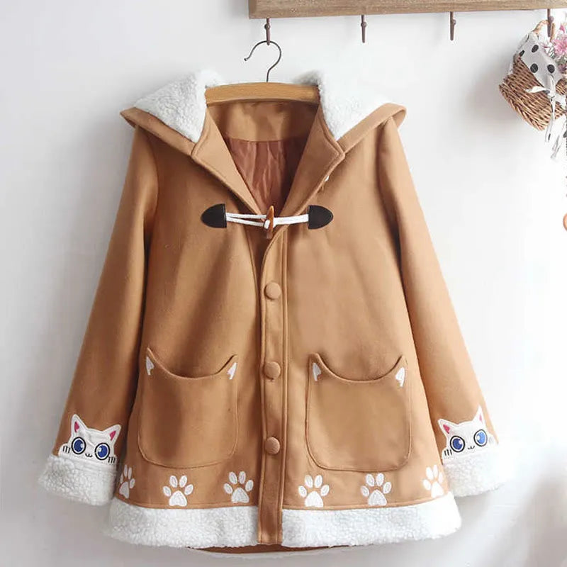 Kitty Cat Paws Embroidery Hooded Coat