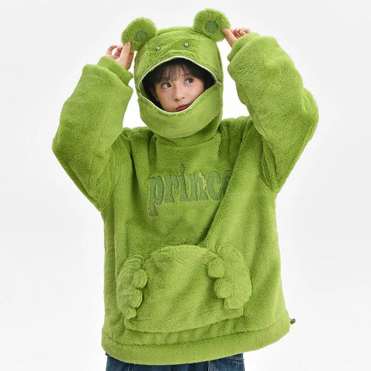 Kawaii Frog Letter Print Loose Hoodie