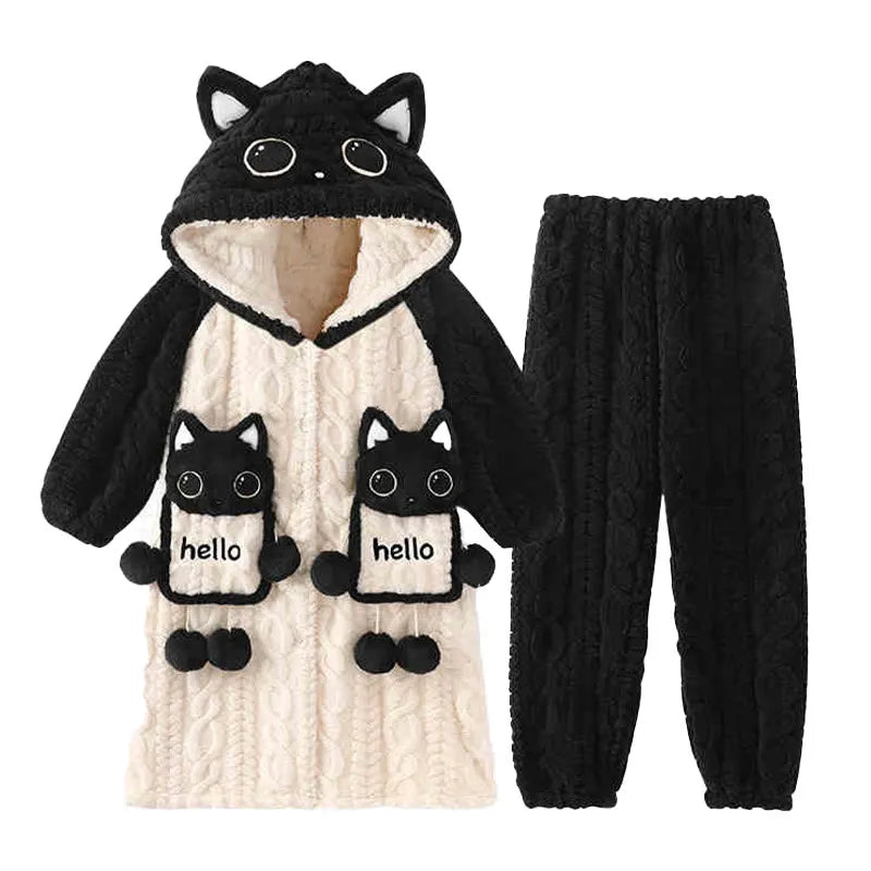 Kitty Cat Letter Embroidery Plush Hooded Pajamas Set