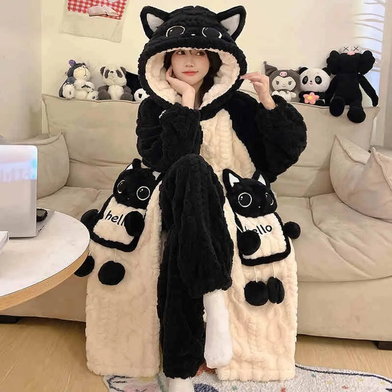 Kitty Cat Letter Embroidery Plush Hooded Pajamas Set