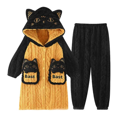 Kitty Cat Letter Embroidery Plush Hooded Pajamas Set