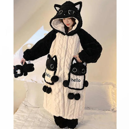 Kitty Cat Letter Embroidery Plush Hooded Pajamas Set