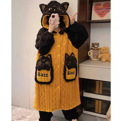 Kitty Cat Letter Embroidery Plush Hooded Pajamas Set