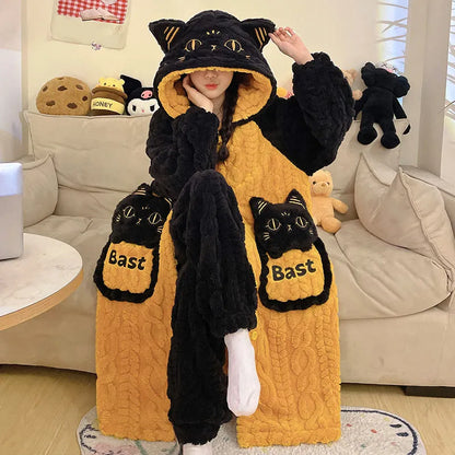 Kitty Cat Letter Embroidery Plush Hooded Pajamas Set