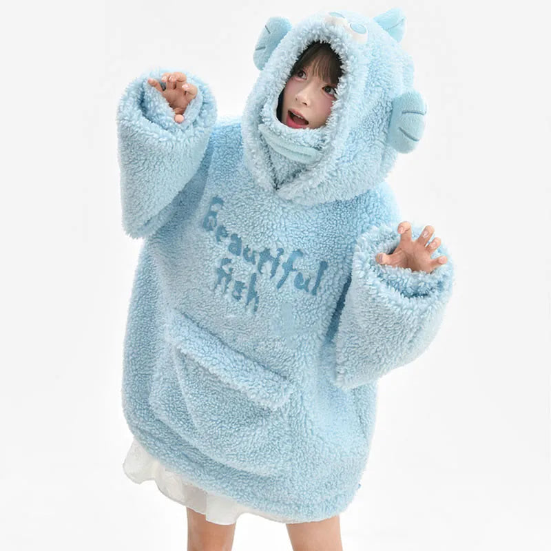 Kawaii Fish Letter Embroidery Plush Hoodie