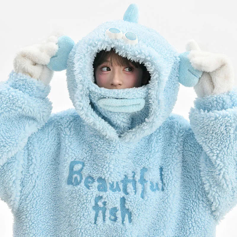 Kawaii Fish Letter Embroidery Plush Hoodie