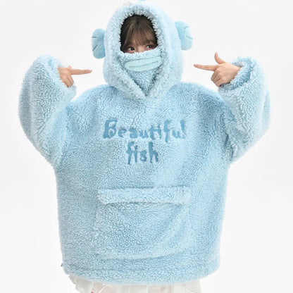 Kawaii Fish Letter Embroidery Plush Hoodie