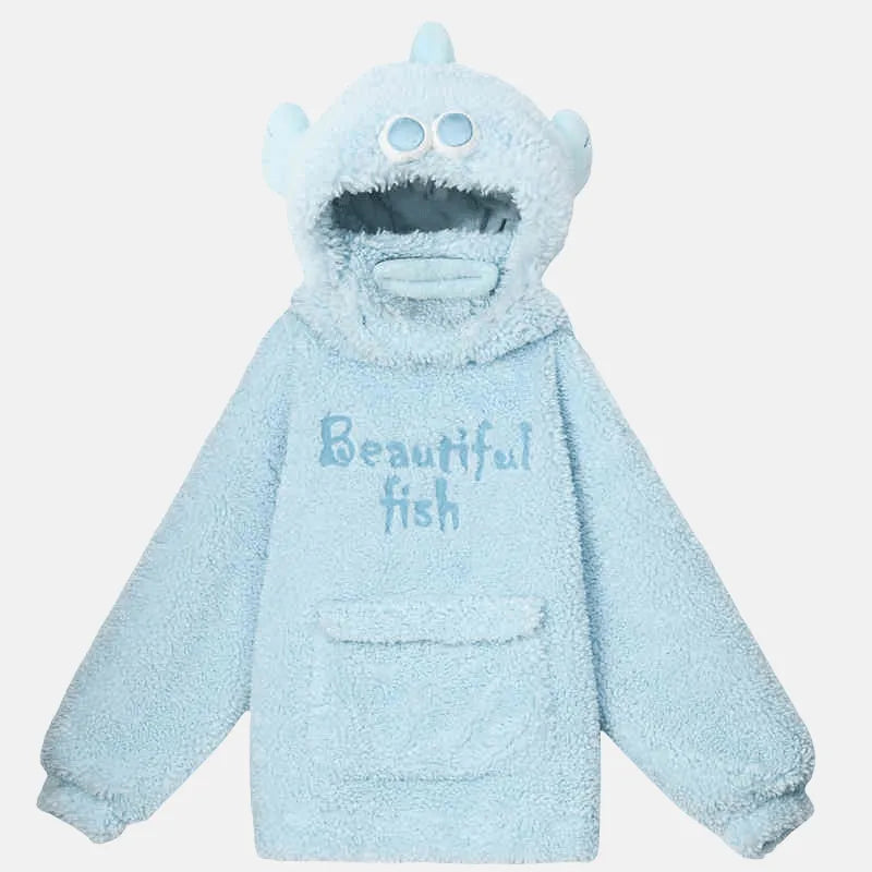 Kawaii Fish Letter Embroidery Plush Hoodie