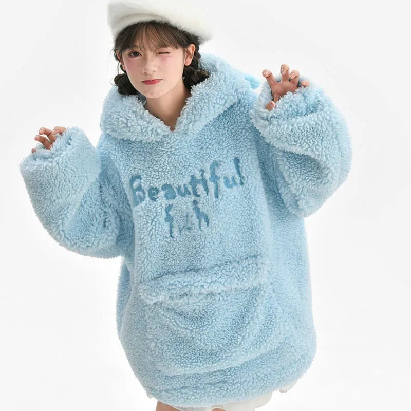 Kawaii Fish Letter Embroidery Plush Hoodie