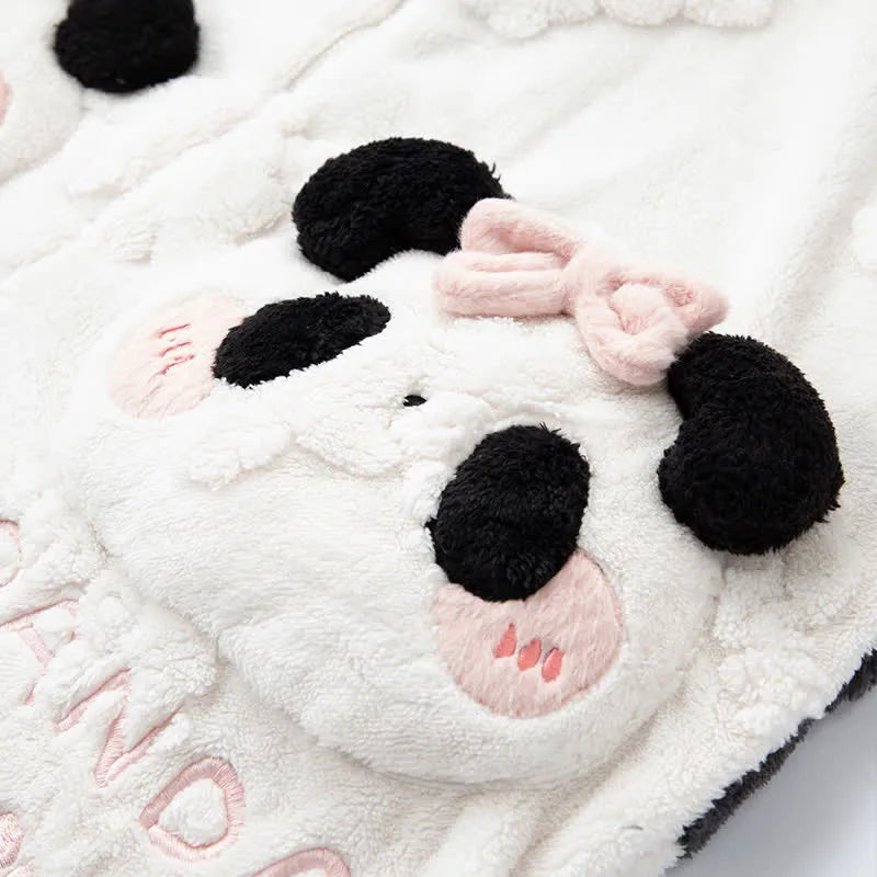 Cute Cartoon Panda Bowknot Zipper Plush Hooded Jumpsuit Pajamas