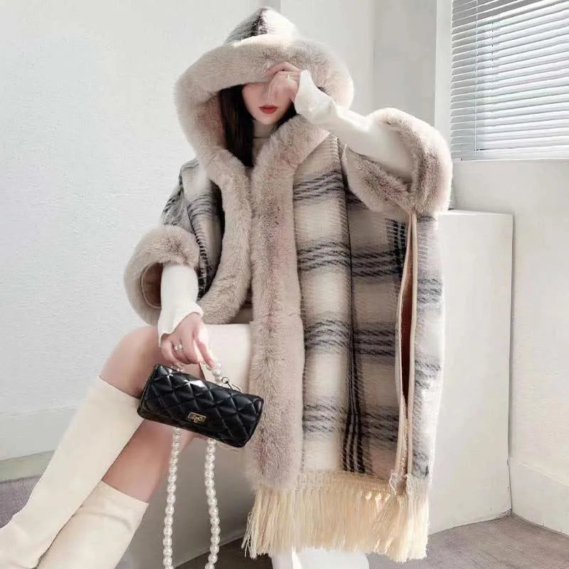 Plaid Print Furry Fringed Casual Hooded Cloak Coat