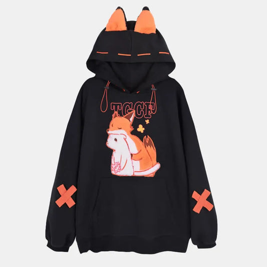 Cartoon Fox Embroidery Pocket Hoodie