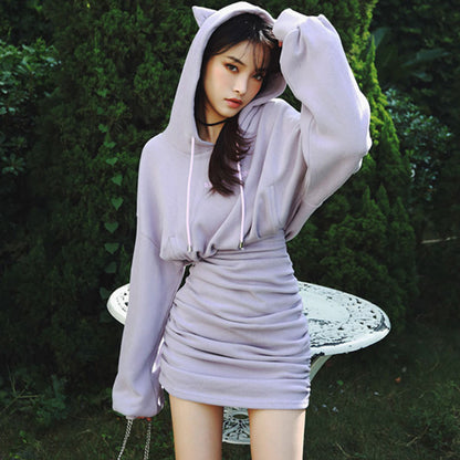 Kitty Cat Ears Drawstring Sweatshirt Hooded Dress