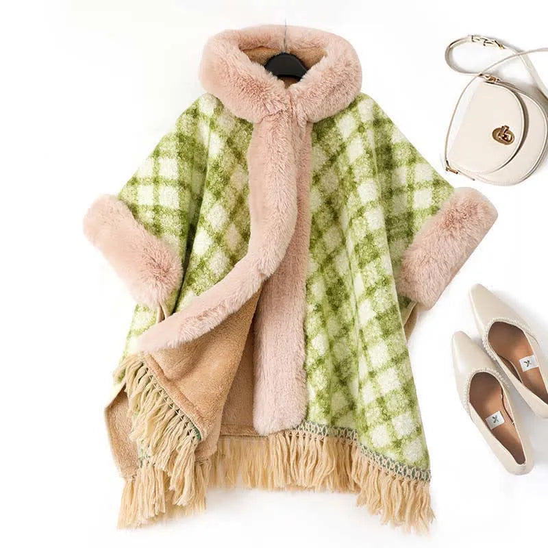 Plaid Print Furry Fringed Casual Hooded Cloak Coat