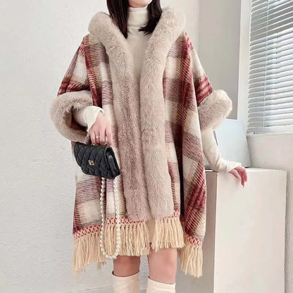 Plaid Print Furry Fringed Casual Hooded Cloak Coat