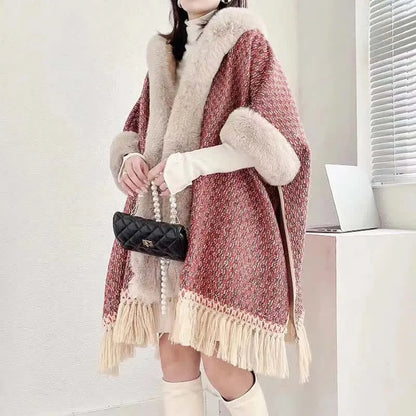 Plaid Print Furry Fringed Casual Hooded Cloak Coat