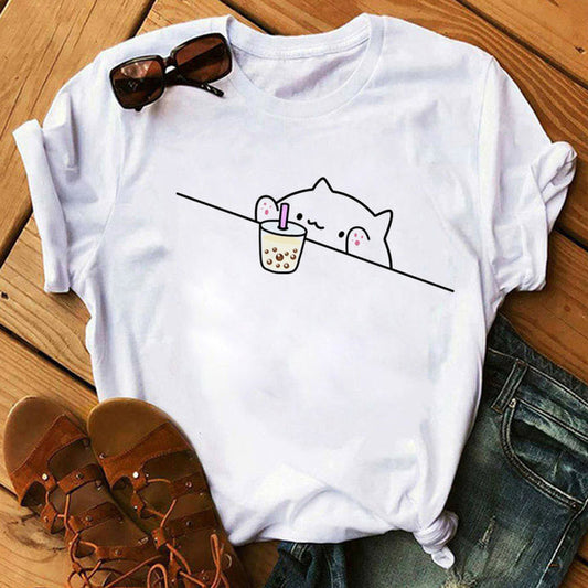 Cartoon Sneaky Cat Milk Tea T-Shirt
