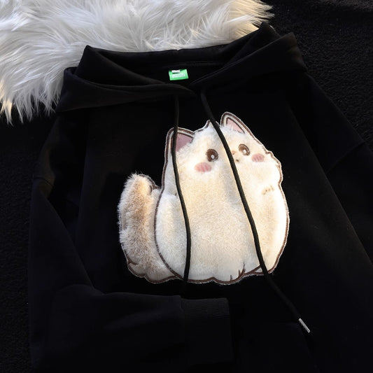 Cartoon Embroidery Fluffy Kitty Cat Hoodie