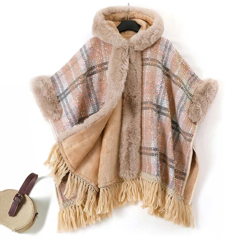 Plaid Print Furry Fringed Casual Hooded Cloak Coat