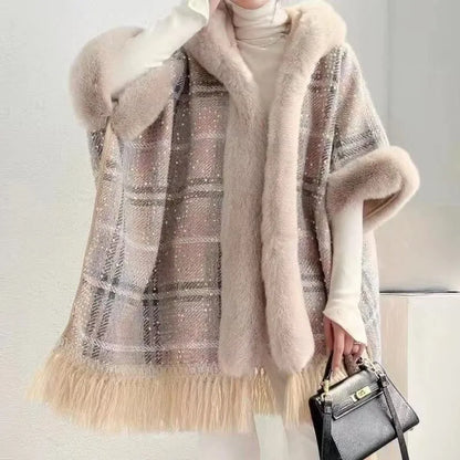 Plaid Print Furry Fringed Casual Hooded Cloak Coat