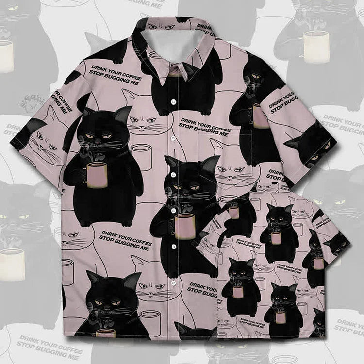Cartoon Coffee Kitty Cat Casual Polo T-Shirt