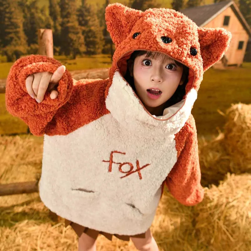 Kawaii Fox Letter Embroidery Loose Hoodie